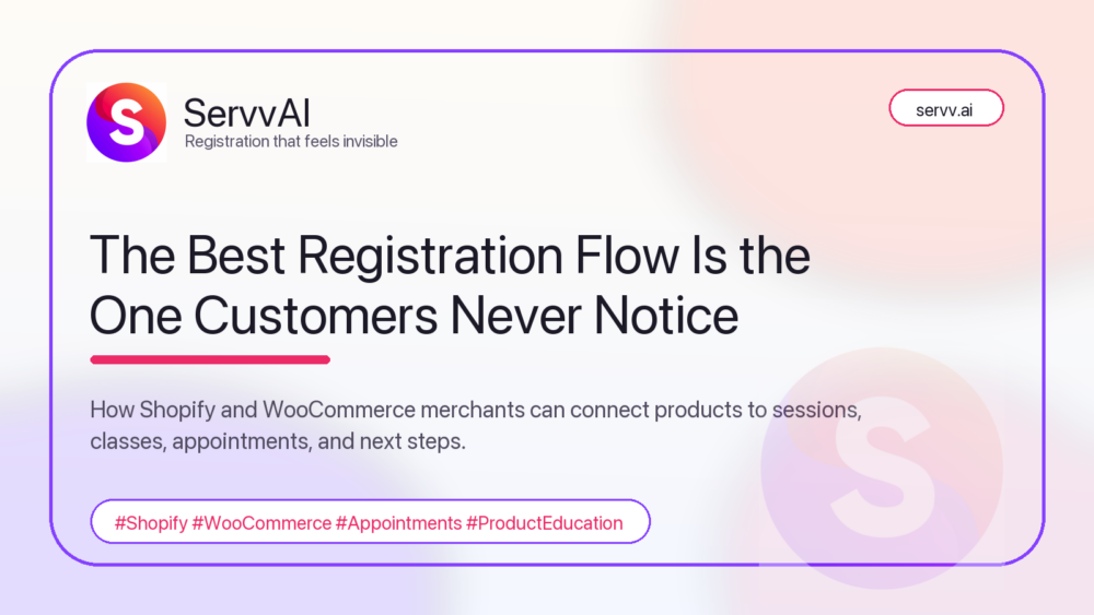ServvAI branded graphic about ecommerce registration flow for Shopify and WooCommerce merchants