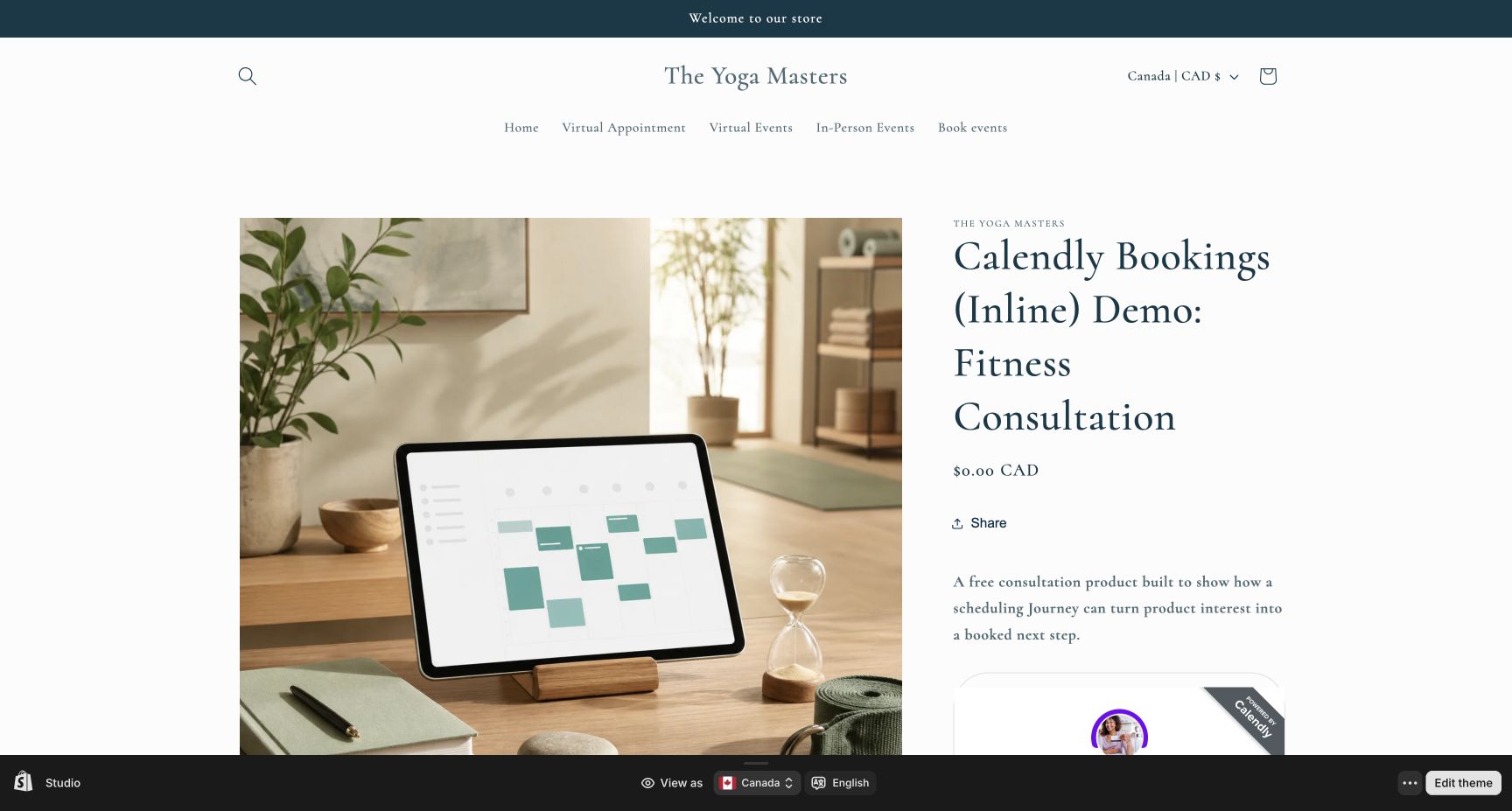Calendly free appointments on Shopify product page using a ServvAI Journey for a fitness consultation