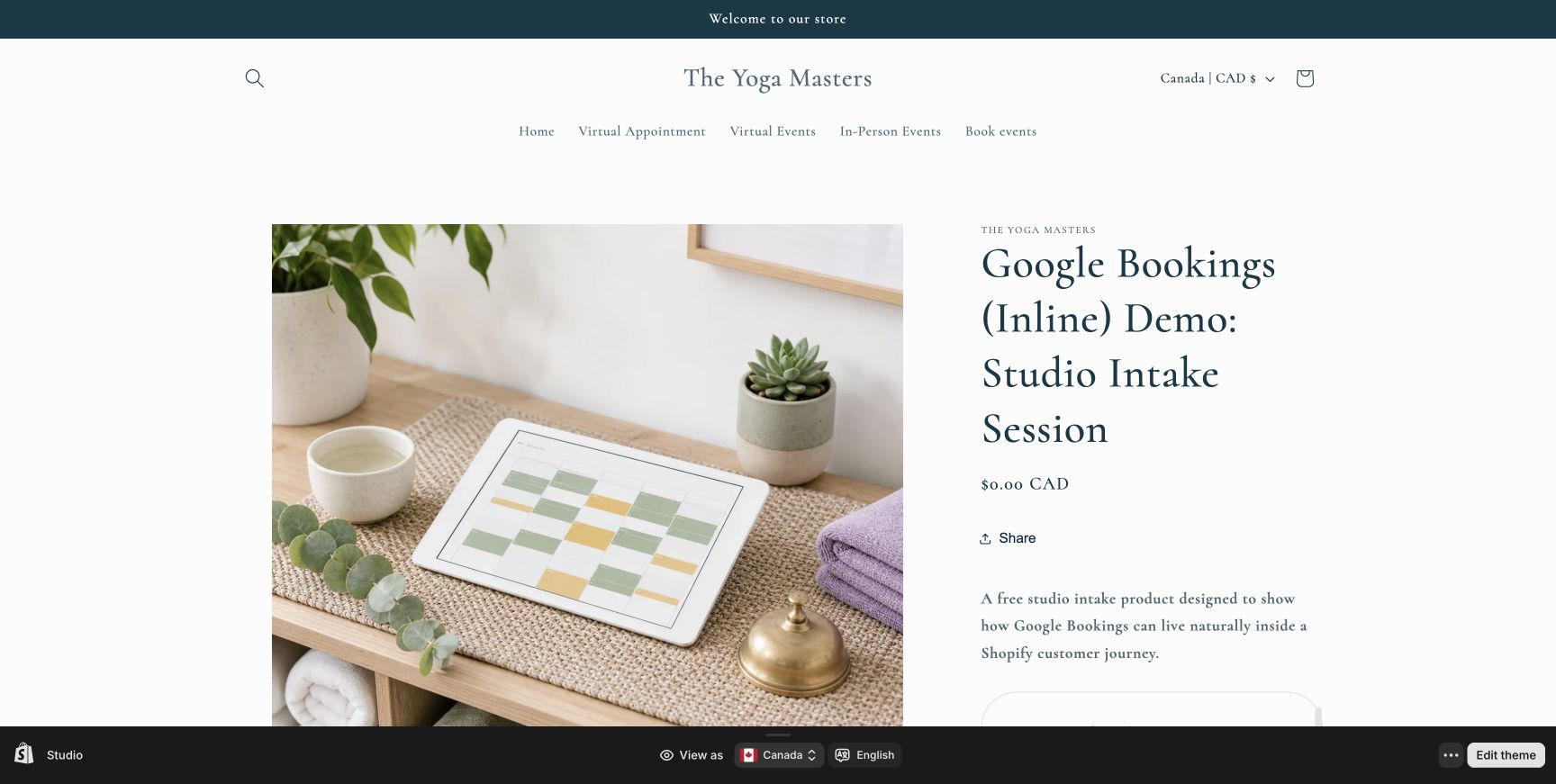 Google Bookings free appointment demo on a Shopify product page using a ServvAI Journey for a studio intake session
