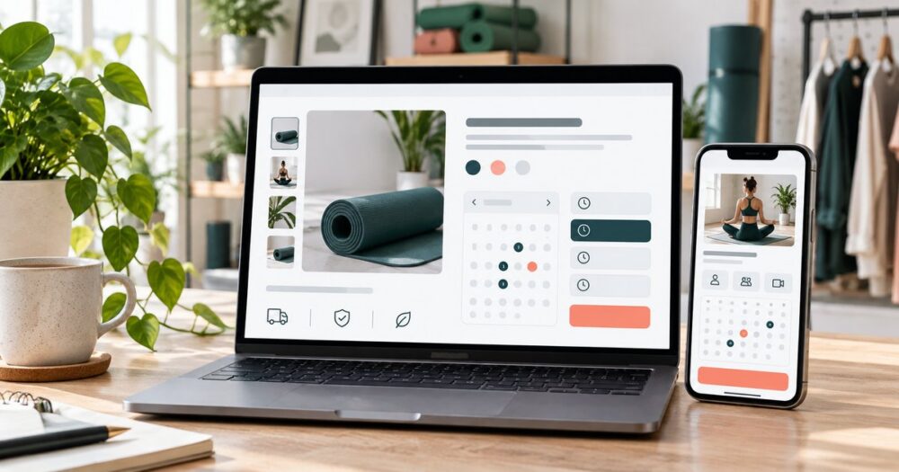 Laptop and phone showing a Shopify product page converted into bookable appointment slots