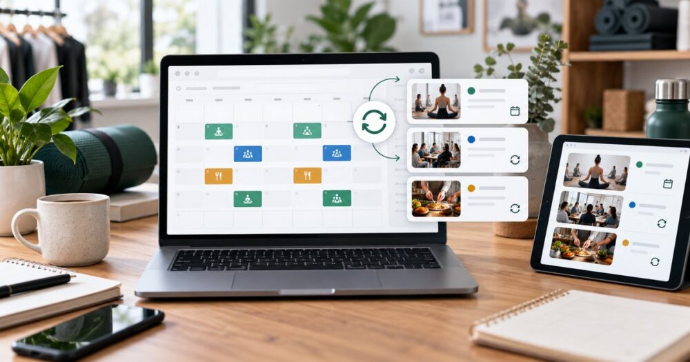 Merchant workspace showing recurring event cards and calendar scheduling for Shopify bookings