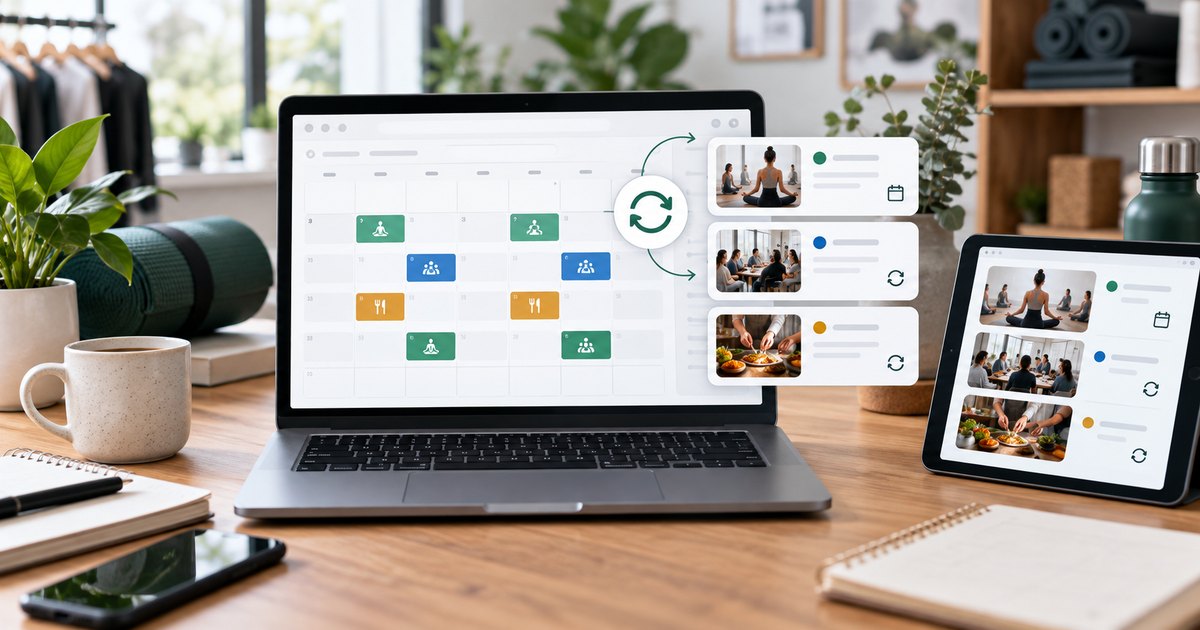 Merchant workspace showing recurring event cards and calendar scheduling for Shopify bookings