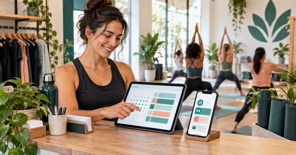 Fitness studio owner using tablet booking software while a recurring class takes place