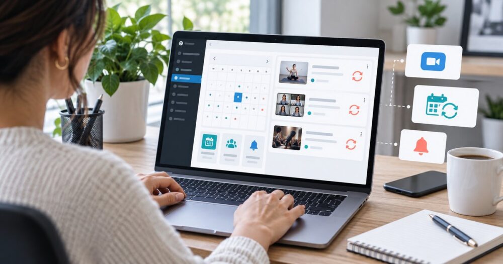 WordPress-style event calendar on a laptop with recurring event cards and reminder icons