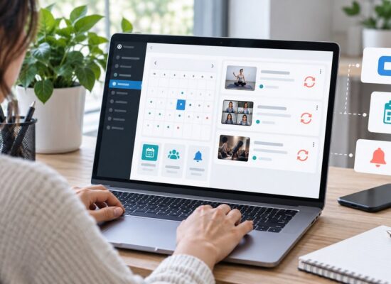 WordPress-style event calendar on a laptop with recurring event cards and reminder icons